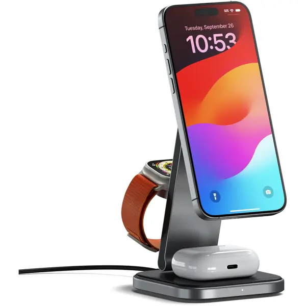 Satechi Suport de incarcare wireless 3 in 1, Satechi, pliabil, Qi2, gri spatial