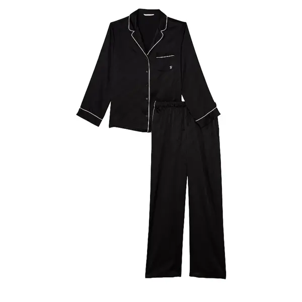 Satin long pajama set - black Xl