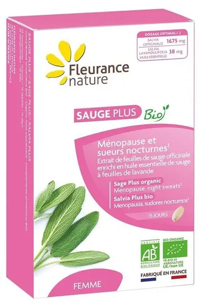 Sauge+ Pentru menopauză și transpirație excesivă, 500 mg, 15 comprimate, Fleurance Nature