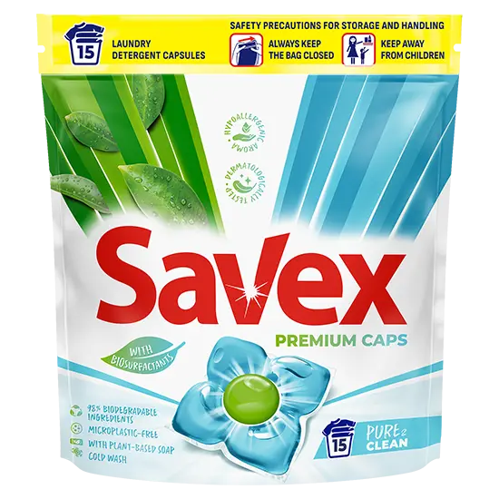 Savex Detergent capsule Premium Caps, 15 buc, Pure Clean