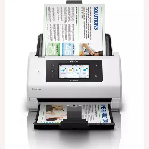 Scanner Documente Epson WorkForce DS-800WN, scanare duplex 50 ppm / 100 ipm, ADF 100 coli, rezolutie 600 dpi, USB 3.2, Wi-Fi, Ethernet, ecran touchscreen 10.9 cm, OCR, PDF Searchable, scanare directa fara PC, retea integrata, Alb