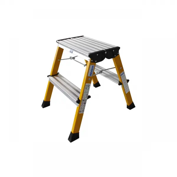 Scara mobila dubla cu trepte pe doua parti din aluminiu, Krause, Monto "Rolly", 2.45m inaltime lucru, 2x2 trepte, pliabila, galben