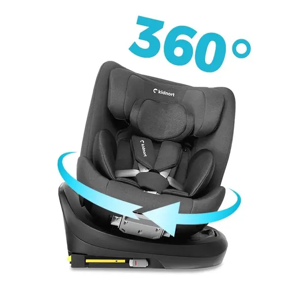Scaun auto pentru copii, Kidnort, cu isofix, rotativ 360, i-Size R129, cu picior stabilizator si tetiera reglabila, 40-150 cm, dimensiune 46.5 x 35 x 56 cm, Radjur Black