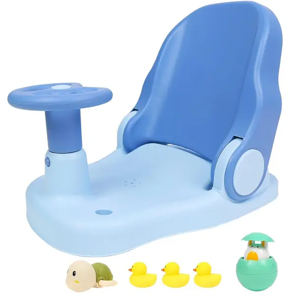 Scaun de baie Little Mom Driver Blue cu volan si spatar reglabil in 3 pozitii, margini rotunjite, fixare cu ventuze, dimensiune 20x40x18 cm, varsta recomandata 6 luni+