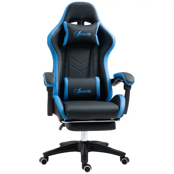 Scaun de gaming din piele ecologica PU si otel cu inaltime reglabila si spatar inclinabil, 65x65x121-129 cm, albastru si negru | Aosom Romania