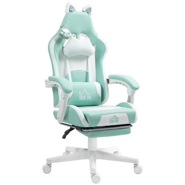Scaun de Gaming Reclinabil HOMCOM cu Suport pentru Picioare și Perne, din Piele Artificială și Spumă, 65x62x116-124 cm, Albastru și Alb | Aosom Romania