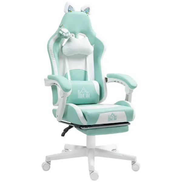 Scaun de Gaming Reclinabil HOMCOM cu Suport pentru Picioare și Perne, din Piele Artificială și Spumă, 65x62x116-124 cm, Albastru și Alb | Aosom Romania