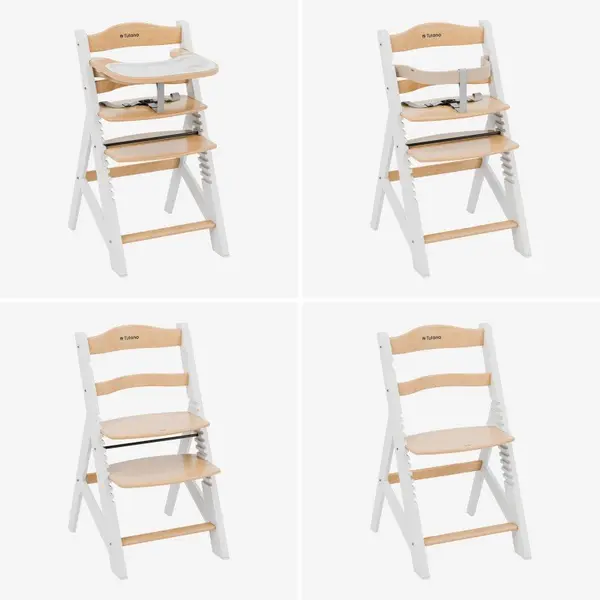 Scaun de masa copii multifunctional 4-in-1 Tulano Morsel 40 WhiteNatural structura din lemn rezistent,11 nivele de inaltime ,tavita dubla,recomandat 6luni-12 ani,greutate admisa 40 kg