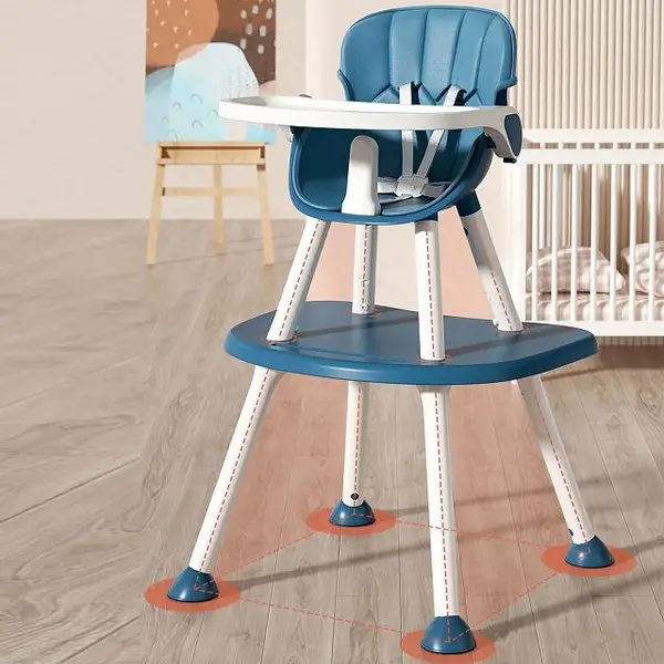 Scaun de masa Little Mom Blue 4in1 pentru copii, multifunctional, cu centura de siguranta, tavita reglabila, suport pentru picioare, dimensiune 79 x 60 x 62 x 92 cm