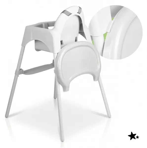Scaun de masa pentru bebelusi Malplay Keri White,2 in 1, prevazut cu tavita dubla detasabila, centuri de siguranta, suport reglabil pentru picioare