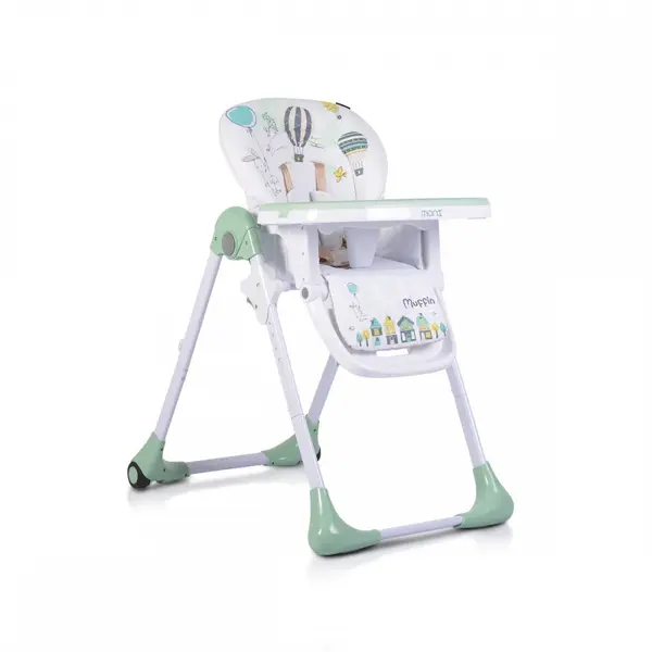 Scaun de masa pentru bebelusi Moni Muffin Verde pliabil,inaltime reglabila 7 pozitii,spatar reglabil cu pozitie de somn,roti,husa impermeabila,centuri de siguranta,tavita dubla