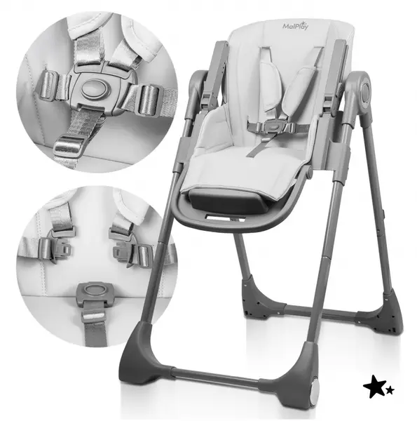 Scaun de masa pentru bebelusi si copii Malplay Grey, pliabil, reglabil in 6 trepte, pana la 20 kg, design scandinav