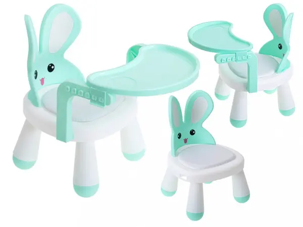 Scaun de masa pentru copii Ikonka, 2 in 1, cu tavila reglabila si detasabila, sarcina maxima 26 kg, dimensiune 31 x 45cm, Little Bunny Verde menta