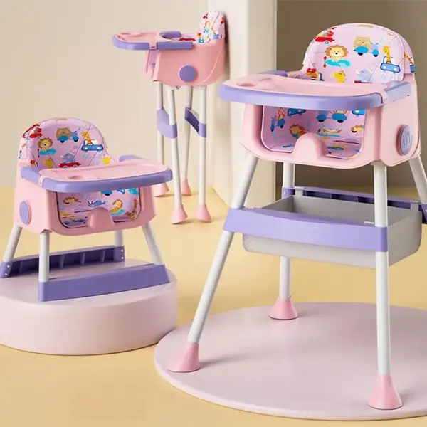 Scaun de masa pentru copii Little Mom Jungle Pink pliabil, transformabil 2 in 1, cu tavita dubla reglabila in 3 pozitii, cos de depozitare, dimensiune 66 x 62 x 87 cm,