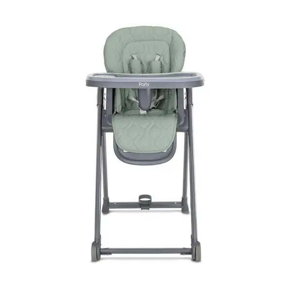 Scaun de masa pentru copii Lorelli Party Green Leather cadru usor din aluminiu, spatar reglabil, suport picioare, centuri de siguranta, roti, cos pentru jucarii, 6 luni+