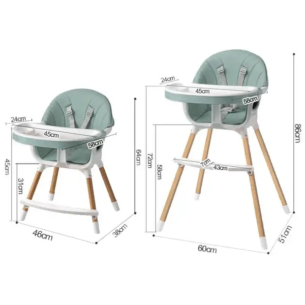 Scaun de masa pentru copii Procart Verde Menta, suport pentru picioare, tavita si husa, centura 5 puncte