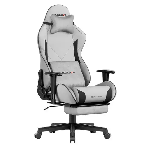 Scaun Gaming, Huzaro Force 5.7, Perna pentru cap, Cotiere ergonomice 2D, Functie deviere cu blocare, Suport extensibil pentru picioare, Perna lombara, Certificat SGS, pana la 136 kg (Gri)