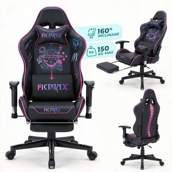 Scaun Gaming Timebox, 160°, Tetiera si Perna Lombara, Roz - Default Title