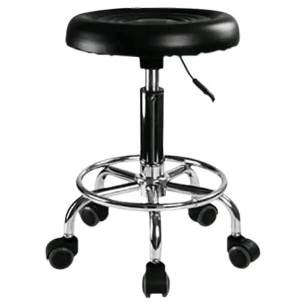 Scaun hidraulic pe roti, Negru, Taburet rotativ, Pentru salon, Cosmetica, Pedichiura, Manichiura, Frizerie, Coafor, Piele ecologica, Cu suport pentru picioare