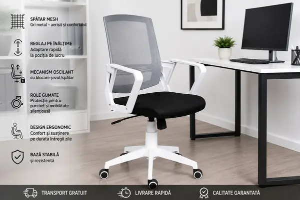 Scaun Office Ergonomic Alb-Negru cu Brate si Spatar Aerisit