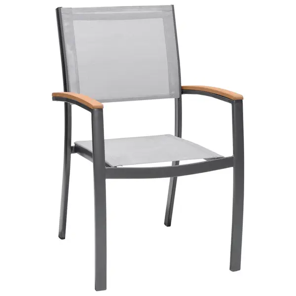 Scaun Stivuibil in lemn, metal, textil gri, gri deschis, culoare lemn tec