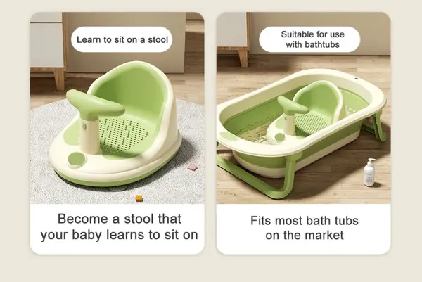 Scaunel de baie pentru bebelusi Little Mom Bubble Green, multifunctional, ergonomic cu maner de sustinere, orificii pentru drenaj, spatar si sezut antiderapant, laterale deschise, dimensiune 39,5 x 30,8 x 22 cm