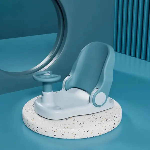 Scaunel de baie pentru copii Little Mom Car Blue cu design pliabil, ergonomic, volan de sustinere, spatar ajustabil in 3 unghiuri diferite, fixare cu ventuze, dimensiune 38 x 28.5 x 30.8 cm
