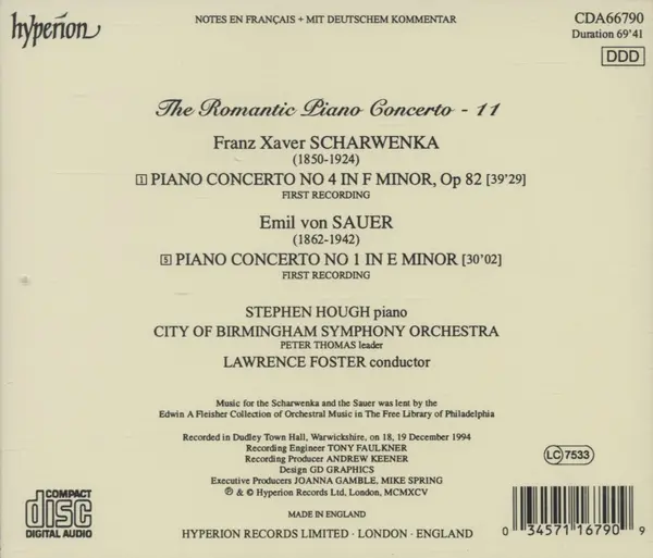 Scharwenka: Piano Concerto No 4 In F Minor / Sauer: Piano Concerto No 1 In E Minor | City of Birmingham Symphony Orchestra, Stephen Hough, Lawrence Foster