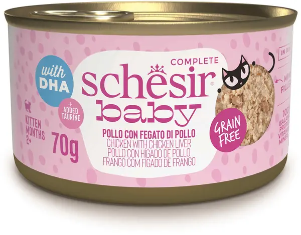 SCHESIR Baby Conservă pentru pisicuţe, Supă cu Pui şi Ficat 70g