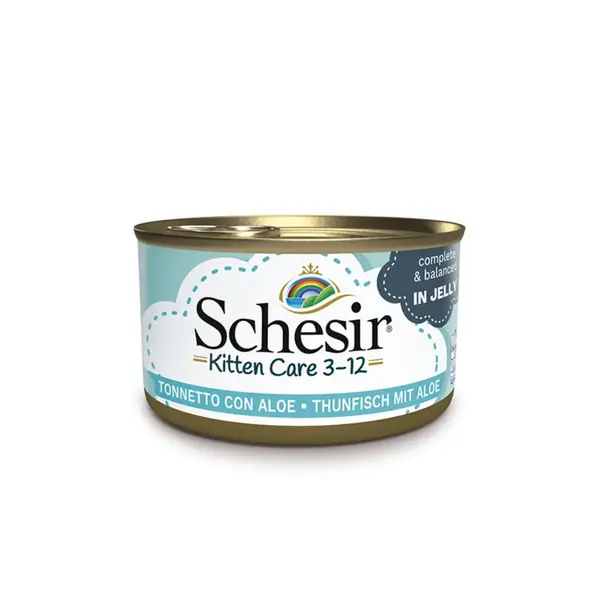 SCHESIR Baby Kitten, Ton și Aloe Vera, conservă hrană umedă pisici junior, (în aspic), 85g