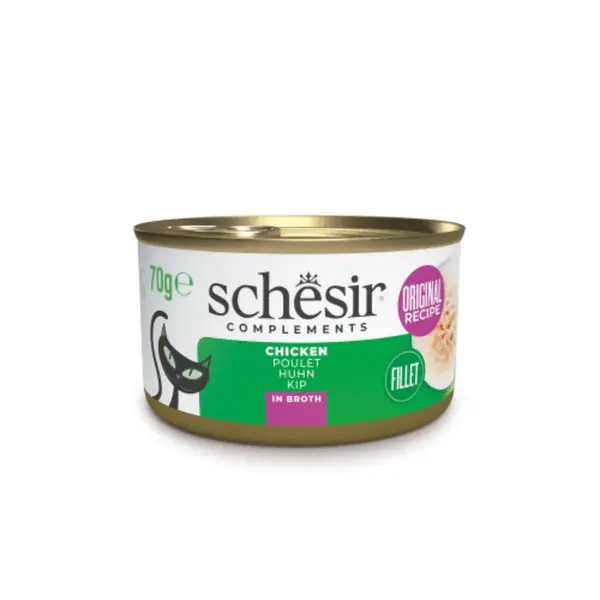 SCHESIR Complementary In Broth, Pui, conservă hrană umedă pisici, (în supă), 70g