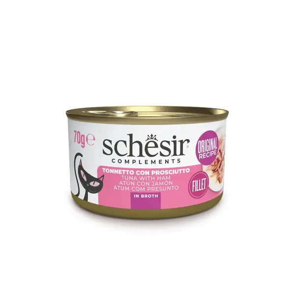 SCHESIR Complementary In Broth, Ton și Șuncă, conservă hrană umedă pisici, (în supă), 70g