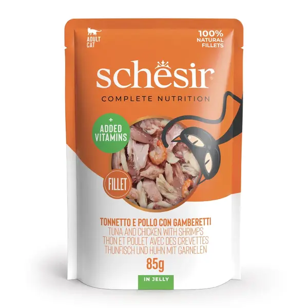 SCHESIR Complete Nutrition, Ton și Pui, plic hrană umedă pisici, (în aspic), 85g