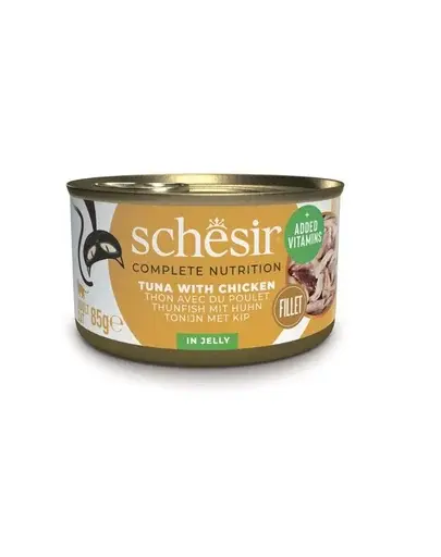 SCHESIR Conserva pentru pisica, Ton cu fileuri de pui in aspic 85 g