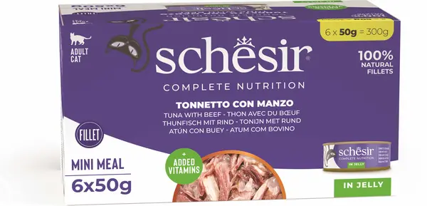 SCHESIR Pachet conserve pentru pisici, cu Ton şi Vită, în jeleu 6x50g