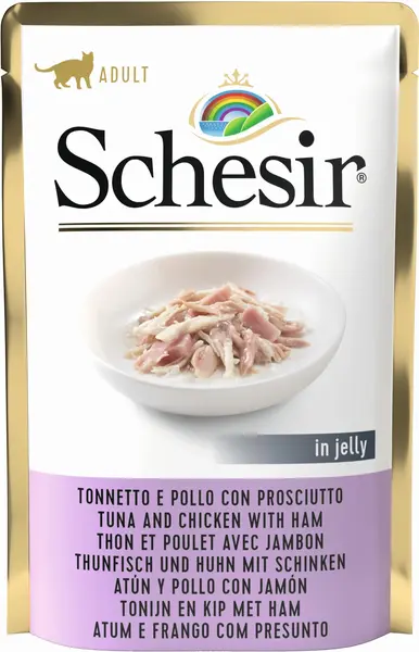 SCHESIR Soft Plic hrană umedă pentru pisici Ton şi Pui cu Şuncă 85g