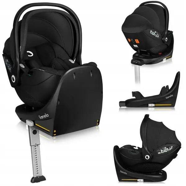 Scoica auto, Lionelo, Moxie, i-Size, Include baza rotativa 360 cu picior de fixare, 40-87 cm, Tetiera reglabila, intarita cu spuma de memorie, Carcasa ventilata, Din bambus, Protectie avansata, Conform R129, Negru