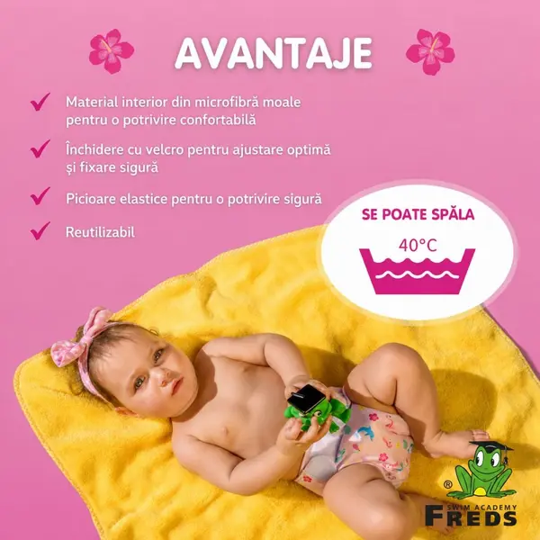 Scutec reutilizabil pentru inot bebelusi Freds Swim Academy roz, marimea 2, 9-16 kg