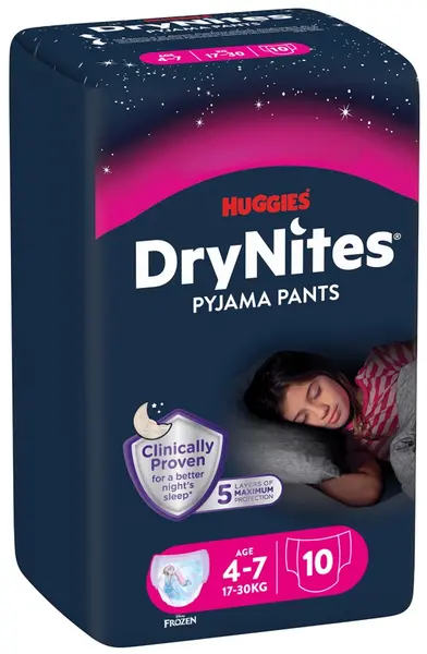 Scutece chilotei Huggies Drynites - Pentru fete, 4-7 ani, 17-30 kg, 10 buc.