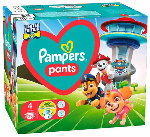 Scutece chilotei Pampers Pants - Paw Patrol, mărimea 4, 9-15 kg, 72 buc.
