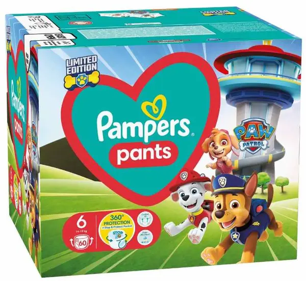 Scutece chilotei Pampers Pants - Paw Patrol, mărimea 6, 14-19 kg, 60 buc.