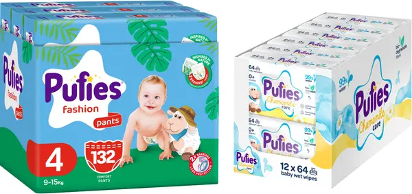 Scutece chiloței Pufies Fashion - Mărimea 4, 9-15 kg, 132 buc + șervețele umede Pufies Clean Care, 12 х 64 buc
