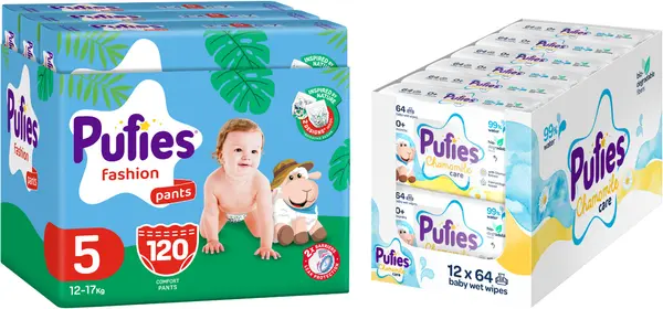 Scutece chiloței Pufies Fashion - Mărimea 5, 12-17 kg, 120 buc + șervețele umede Pufies Clean Care - 12 x 64 buc