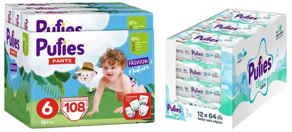 Scutece chiloței Pufies Fashion & Nature - Mărimea 6, 15+ kg, 108 buc + șervețele umede Pufies Clean Care - 12 x 64 buc
