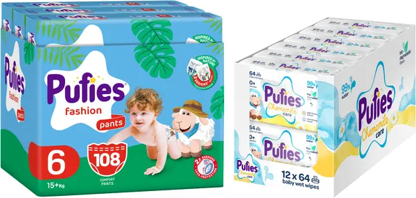 Scutece chiloței Pufies Fashion & Nature - Mărimea 6, 15+ kg, 108 buc + șervețele umede Pufies Clean Care - 12 x 64 buc