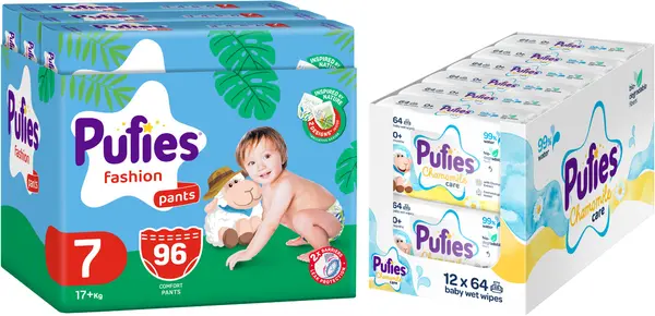 Scutece chiloței Pufies Fashion & Nature - Mărimea 7, 17+ kg, 96 buc + șervețele umede Pufies Clean Care, 12 х 64 buc