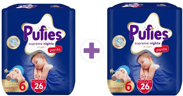Scutece chiloței Pufies Supreme Nights - Value Pack, mărimea 6 Extra Large, 15+ kg, 2 x 26 bucăți