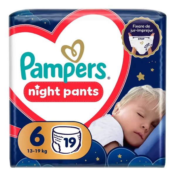 Scutece chilotel de noapte Night Pants, marimea 6, 15+ kg, 19 bucati, Pampers