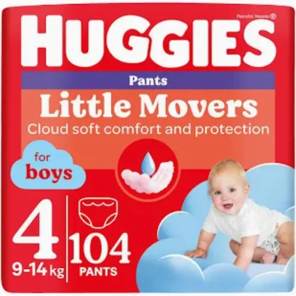 Scutece chilotel Little Movers Pants Mega marimea 4 pentru baieti intre 9-14 kg, 104 bucati, Huggies