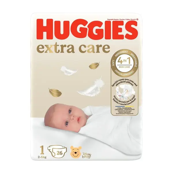 Scutece Extra Care Marimea 1, 2-5 kg, 26 bucati, Huggies